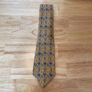 Lands End Men's Silk Necktie Floral Diamond Pattern Gold Blue Handsewn